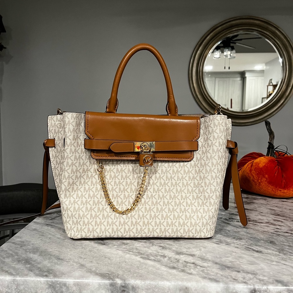 Michael Kors purse - Hamilton legacy large logo belted satchel.vanilla/acorn